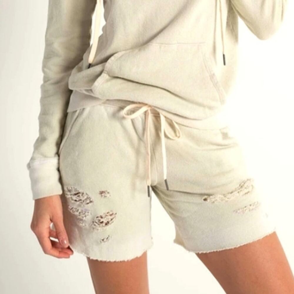 n: Philanthropy NEW Athletic Distressed Pocketed Fleece Shorts Vintage Bone S - Picture 2 of 16